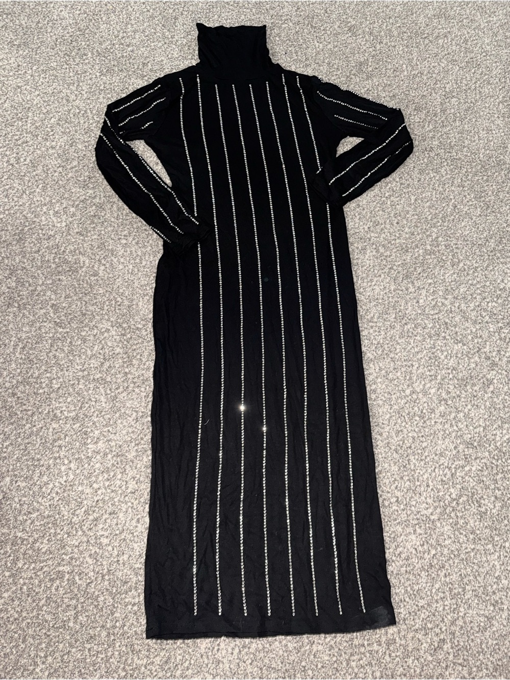 Black Turtleneck Maxi Dress with Vertical Crystal Stripes